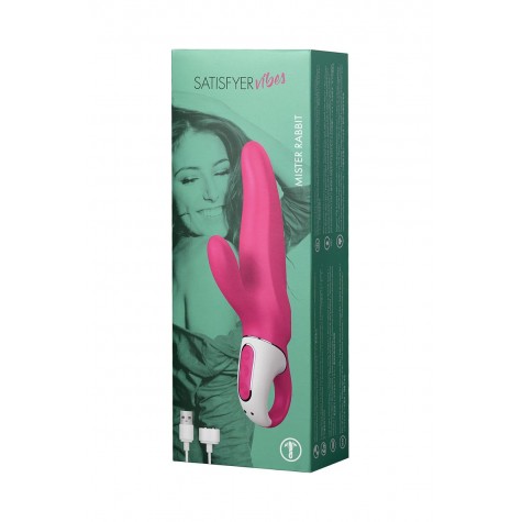 Ярко-розовый вибратор Satisfyer Vibes Mr. Rabbit с клиторальным отростком - 22,1 см.